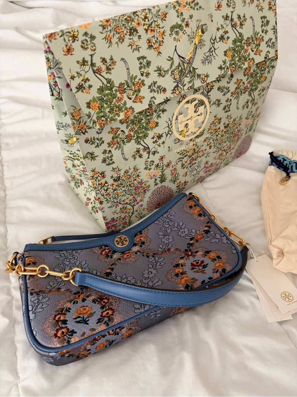 Tory Burch T Monogram Brocade Studio Bag in Sea Frost NWT - Picture 12 of 13